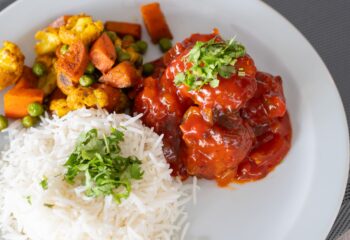 Chicken Manchurian with Basmati Rice and Indian Vegetables