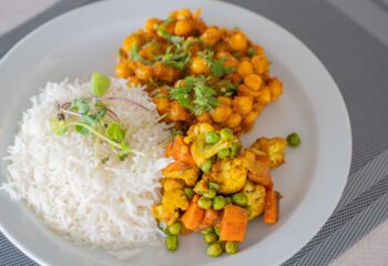 Chickpea curry with Basmati Rice and Indian Vegetables