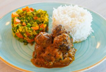 Curry Meatballs with Basmati Rice and Indian Vegetables