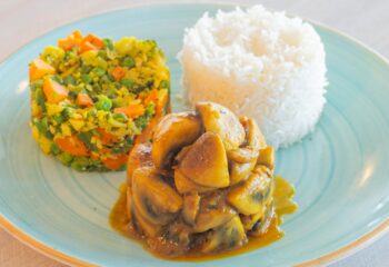 Garlic Mushroom Curry with Basmati Rice and Indian Vegetables