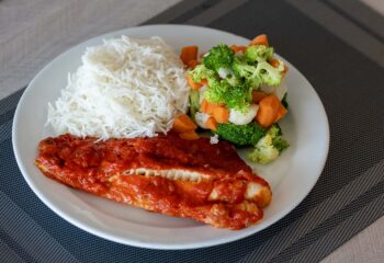 White Fish in Tomato Sauce with Basmati Rice and Vegetables