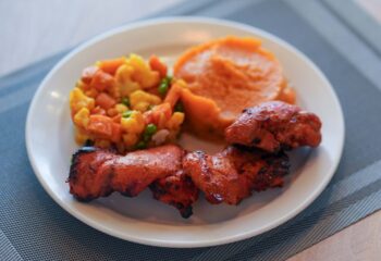 Tandoori Boneless Thighs with Sweet Potato Mash and Indian Vegetables