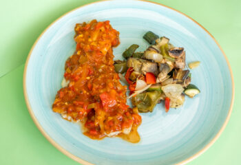 Baked White Fish in Tomato Sauce & Roast Vegetables