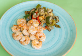Grilled King Prawns and Roast Vegetables